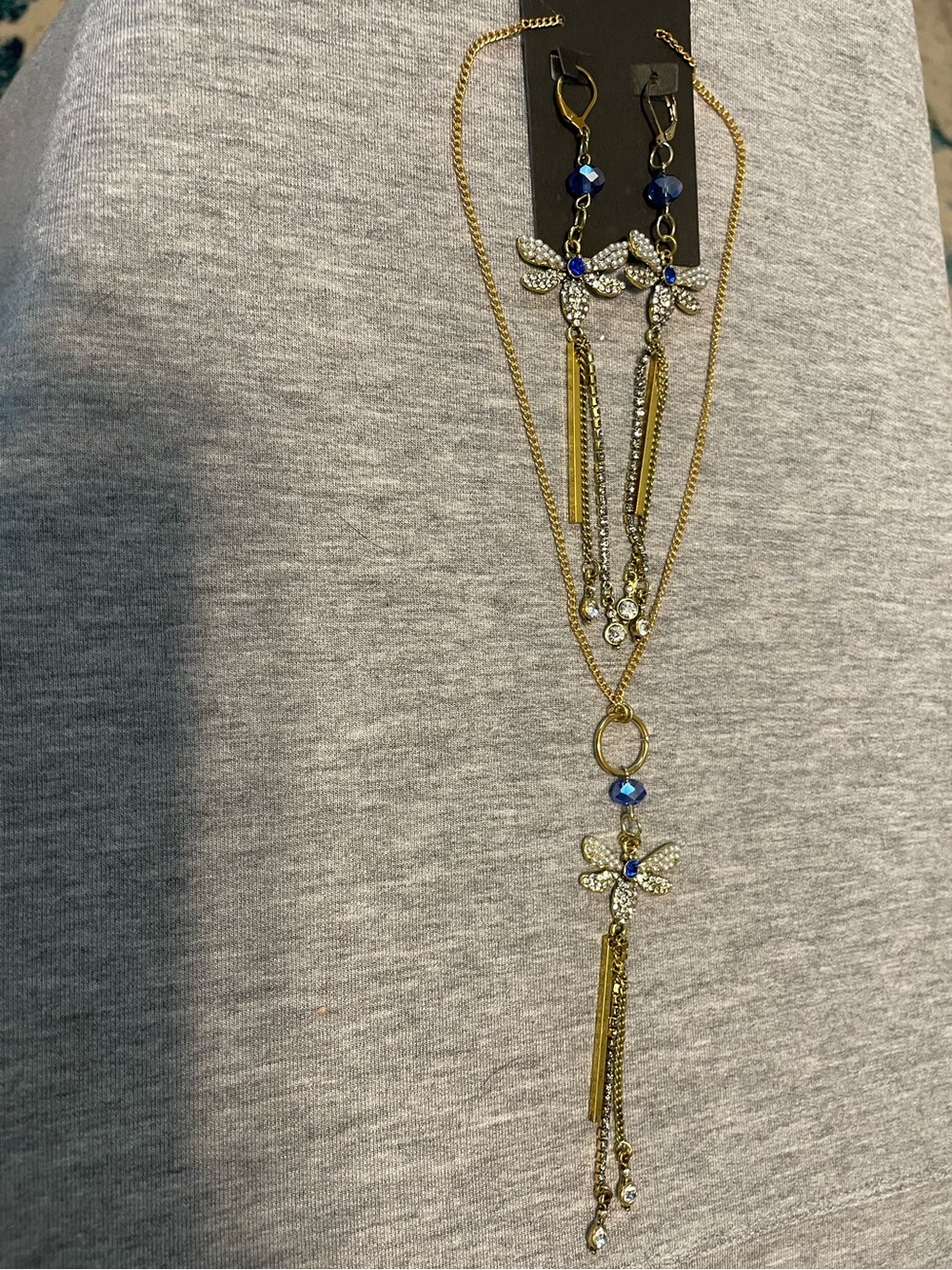 Gold-Tone Dragonfly Pendant Necklace with Clear Rhinestones/Blue Crystal Accents